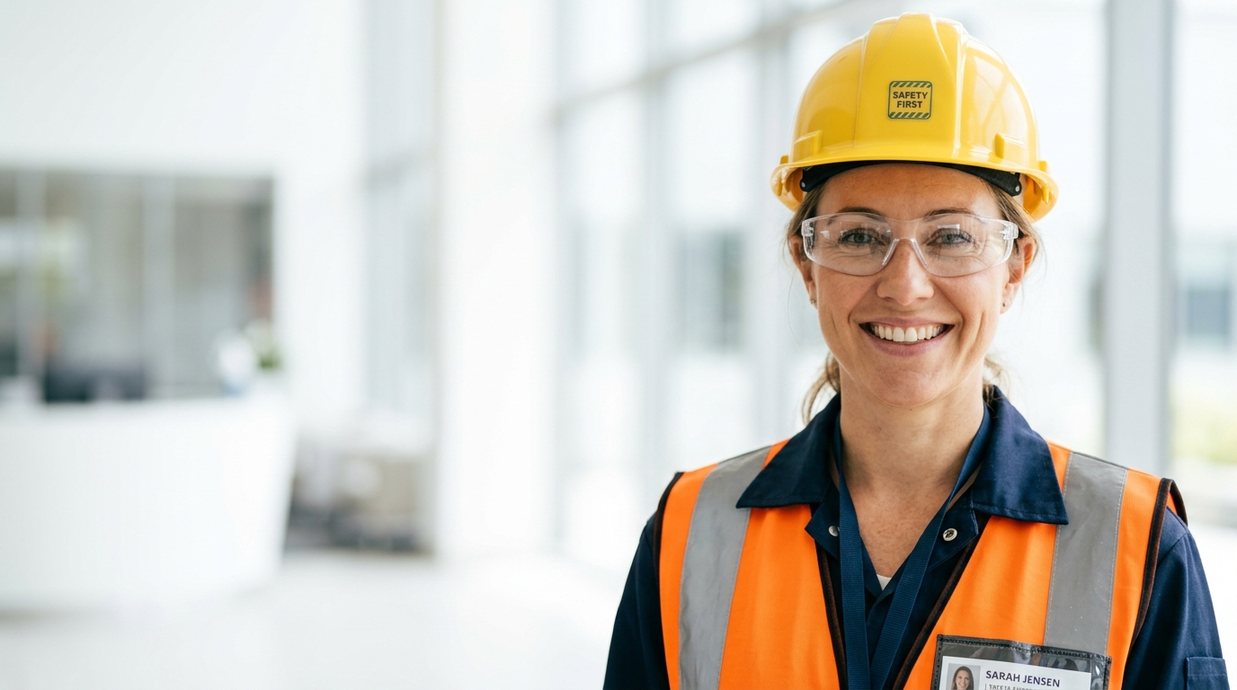 Profissional de Segurança do Trabalho VETAC com capacete e EPI